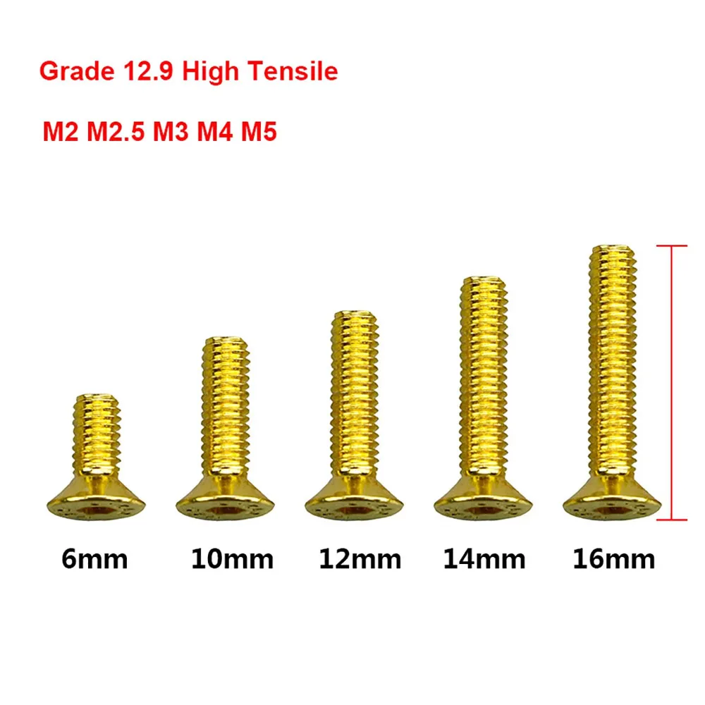 

10pcs DIN7991 Grade 12.9 Plating Titanium Gold Flat Head Allen Bolts M2 M2.5 M3 M4 M5 Countersunk Head Hex Socket Screws