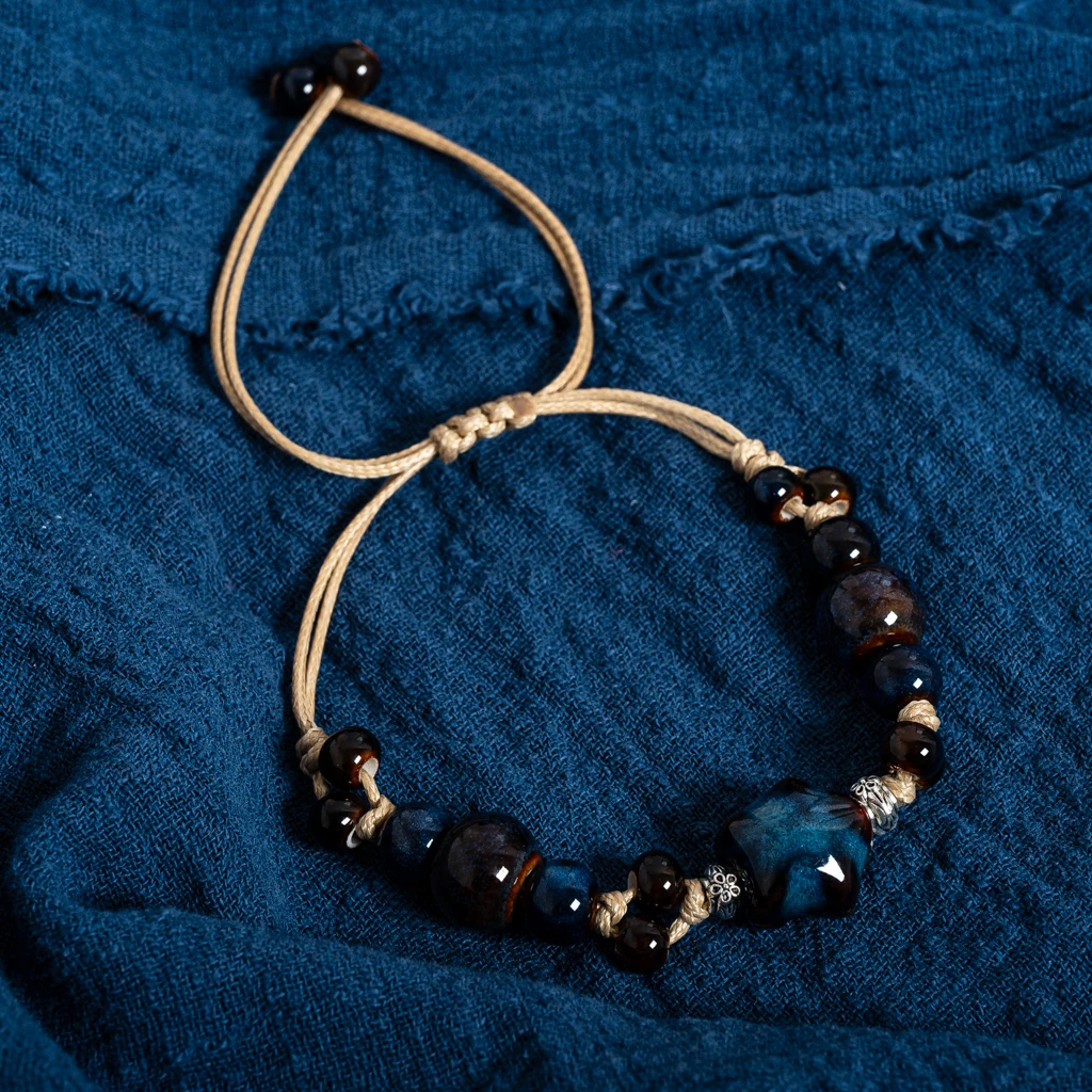 Handgefertigtes blaues Stern-Keramik-Armband für Damen, verstellbarer Vintage-Perlenschmuck im Ethno-Stil