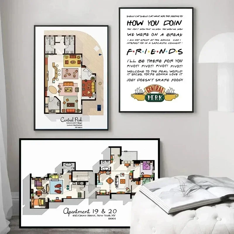 Central Perk Friends TV Show Interior Layout Drawings Canvas Painting Posters and Prints Wall Art for Living Room Decoration