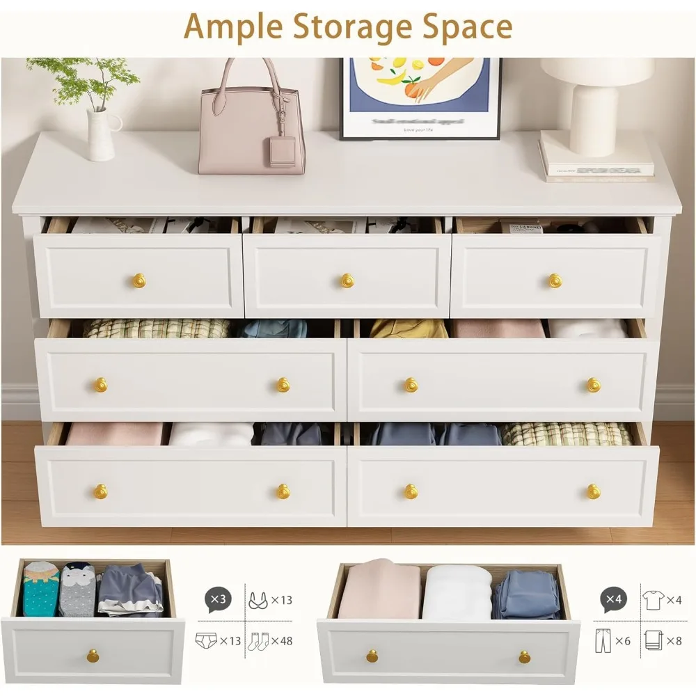 LYNSOM Cômoda branca com 7 gavetas para quarto, 55 cômoda de madeira com puxadores dourados, cômoda larga e moderna para corredor, entrada