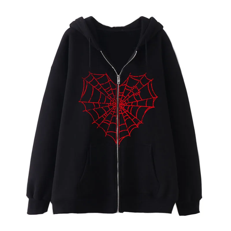 Spider Cobweb Pattern Zipper Hoodies Hip Hop Fashion Y2k Women Men Autumn Loose Zip Up Sweatshirt Retro Trend Couples Clothes