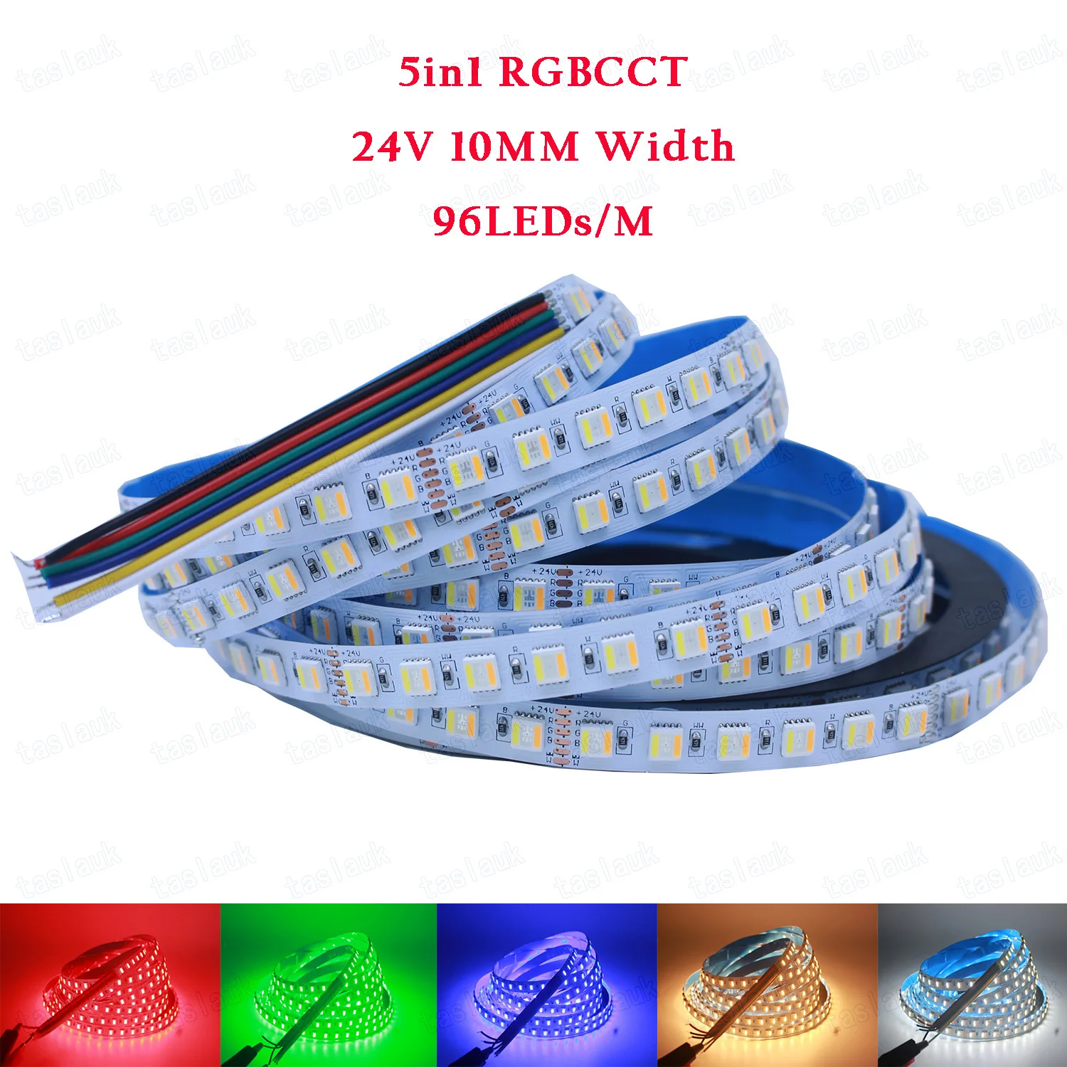 Tira de luces LED RGBCCT, 10mm, 12mm de ancho, PCB, 24V, 5 en 1, 5050, 96LED/M, IP20, no impermeable