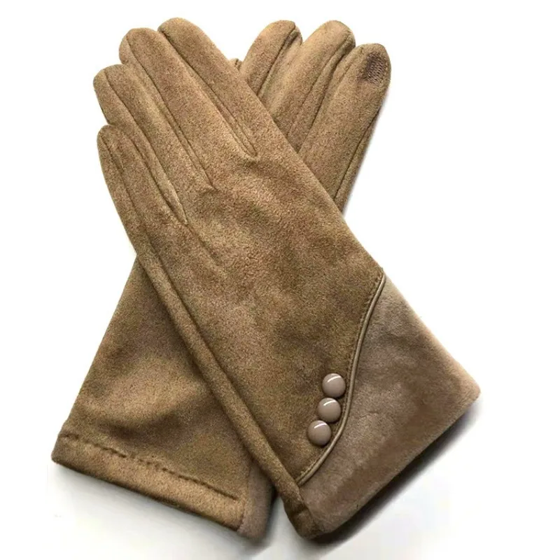 Women Winter Faux Suede Touchscreen Gloves Button Decor Thermal Full‑Finger Gloves for Outdoor Cycling Cold Weather