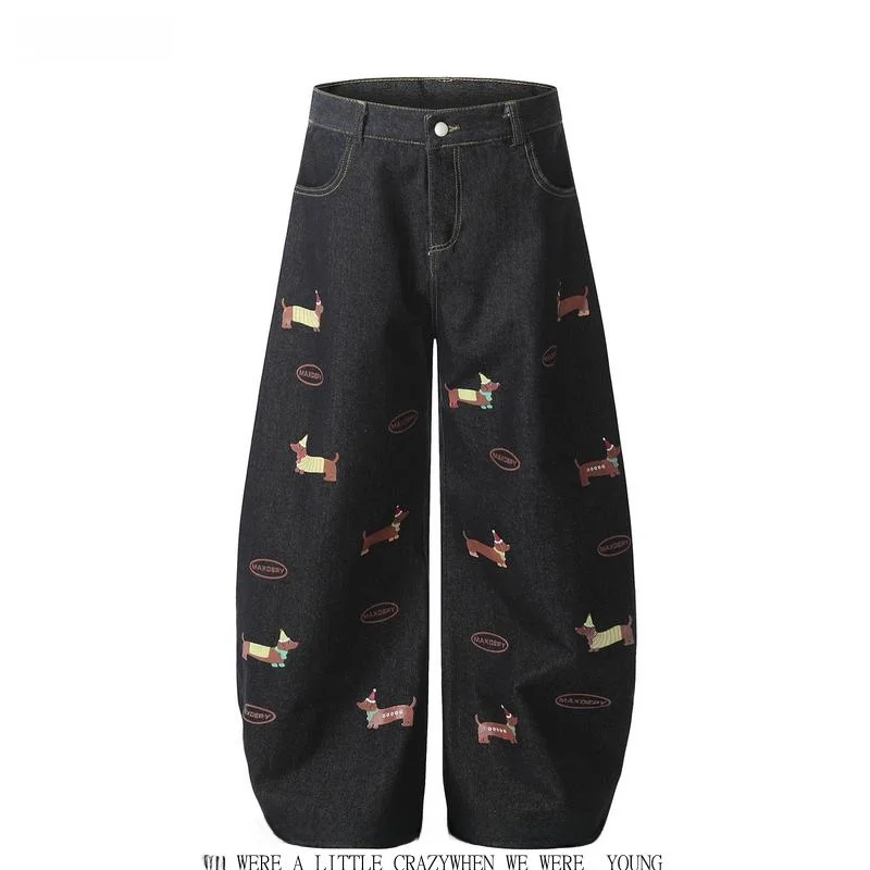 

Свободные джинсы с широкими штанинами и принтом собаки, повседневные, удобные, дышащие, весенние, новые, стильные, для мужчин и женщин, современные стильные джинсы