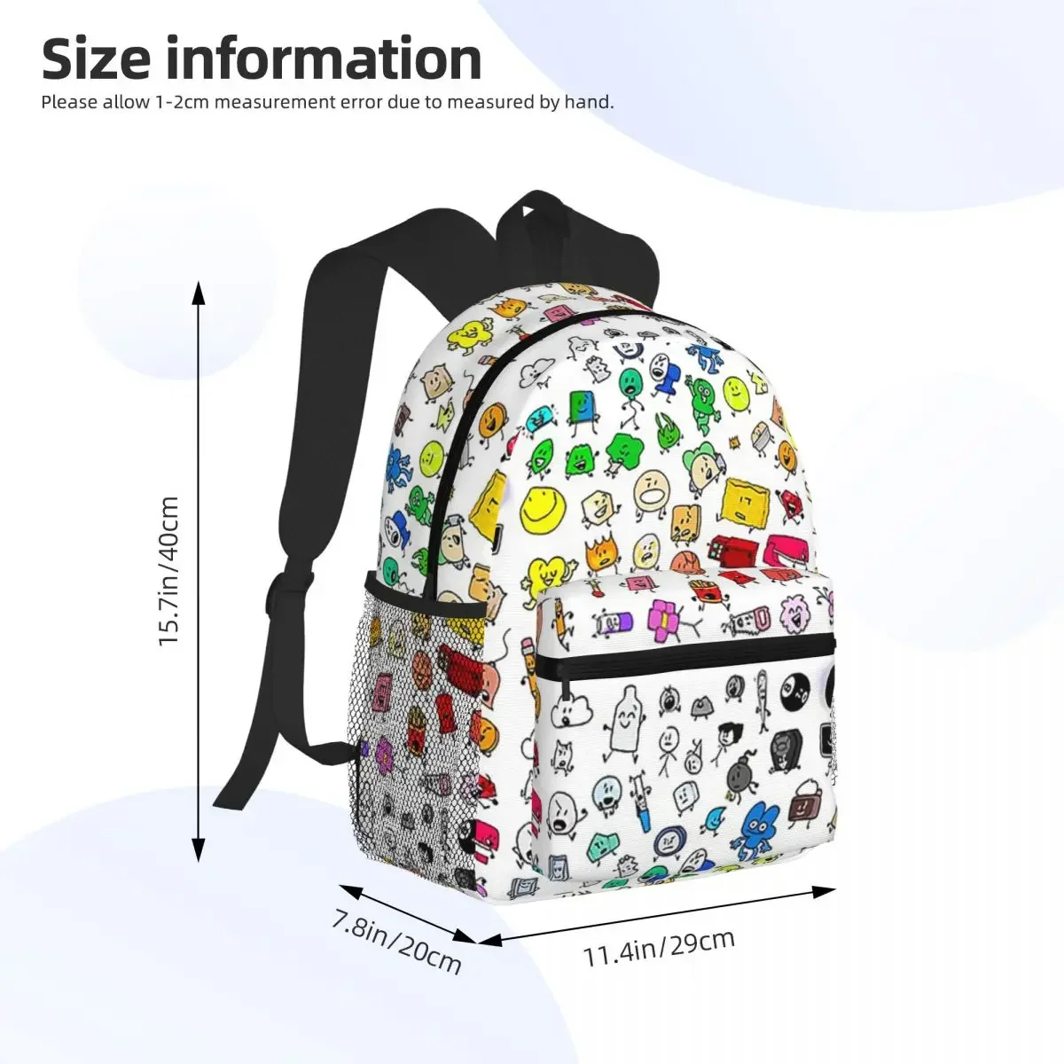 BFDI All Characters Transparent Student Backpack School Bag Hiking Travel Daypack for Men Women Fashion Bookbag Shoulder Bags