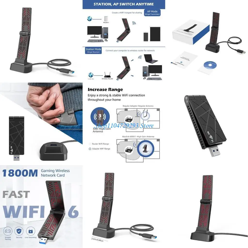 بطاقة محولات واي فاي Y2GD AX1800 USB3.0 بسرعة 1800 ميجا بت في الثانية واستقبال سريع للشبكات 5 جيجا هرتز/2.4 جيجا هرتز