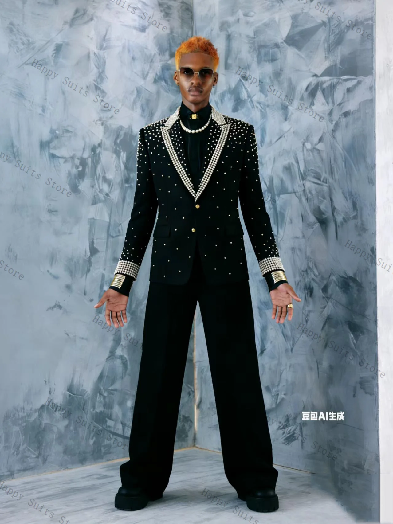 

Luxury Pearls Black Men Suit Set 2 Pcs Groom Blazer+Pants Trousers Formal Office Coat Wedding Tuxedo Customized Jacket Outfit