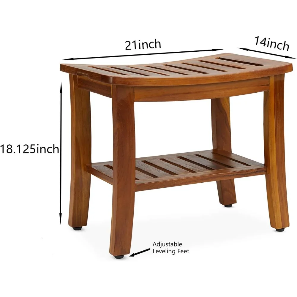 Teak Shower Bench 21 Inch, Fully Assembled Wood Bath Stool for Shower & Spa