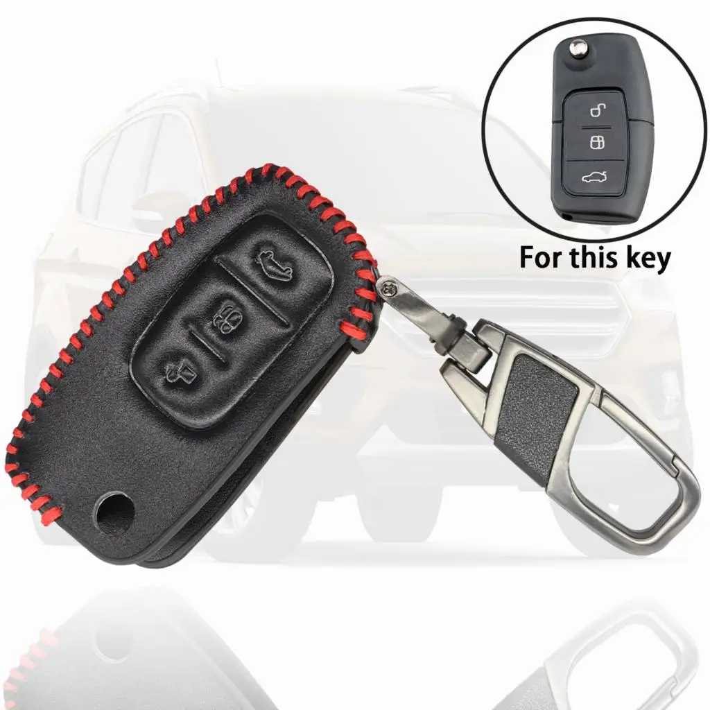 Funda de cuero para llave de coche con 3 botones, funda Fob para Ford Fiesta Focus c-max Galaxy Kuga Mondeo MK4 s-max c-max, carcasa remota con llavero