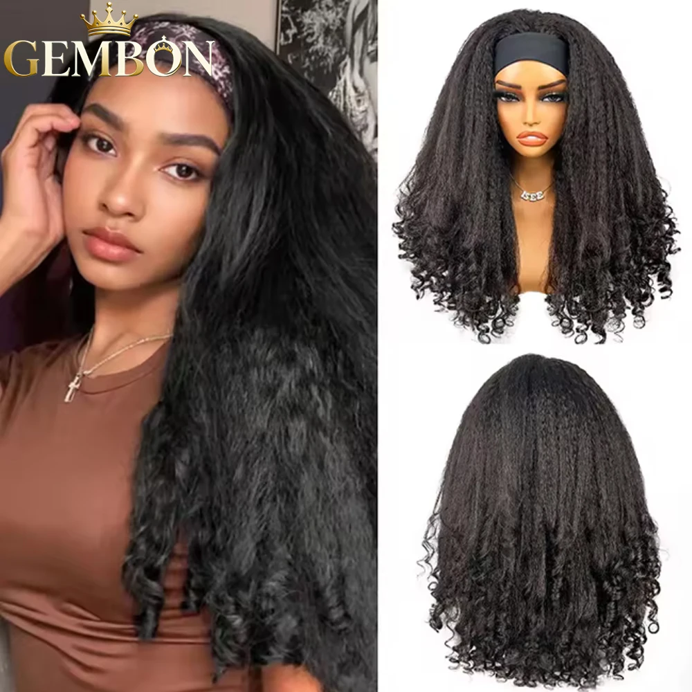 

Парик-повязка с кудрявыми кончиками и прямой текстурой Kinky Straight Burmese, с эффектом упругих кудряшек, готовый к носке, синтетический парик Yaki Straight без клея для женщин