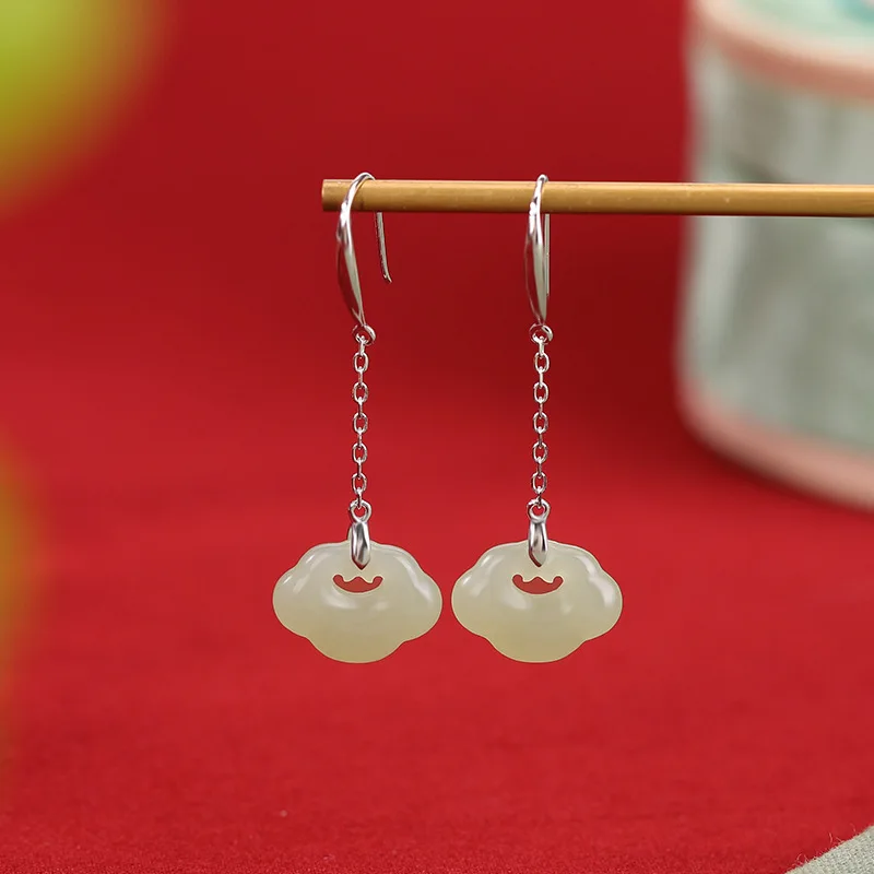 Natural Hetian S925 Sterling Silver Jade Ruyi Style Hanfu Accessory Ear Hooks And Earrings