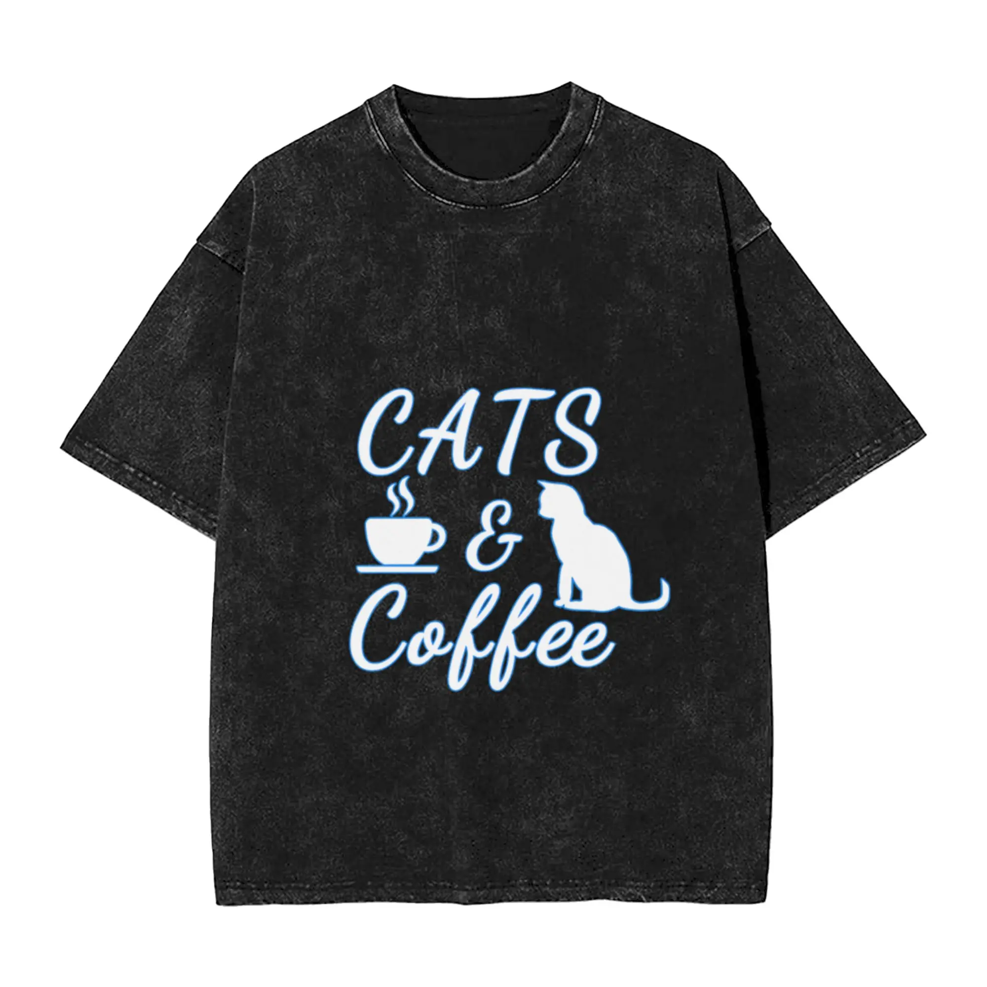 Cats   Coffee - Fun slogan showing the important things in life  Unique Cool A Washed T Shirt Men's Oversized Cotton Tees Tops