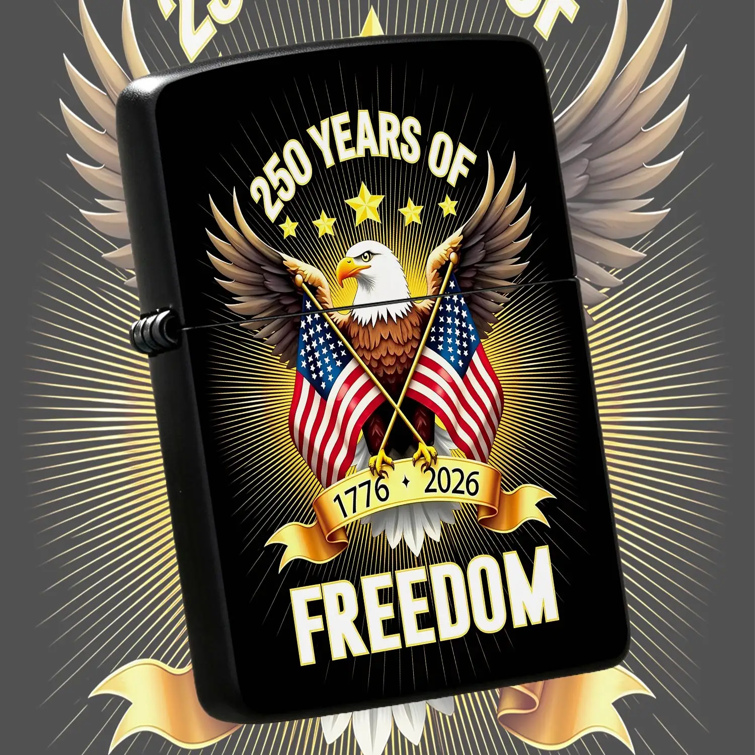 250 Years Of Freedom 1776-2026 Themed Lighter, Exquisite Bald Crossed Us Flag Pattern, Golden Radian Decoration Design, Portable Practical Lighter For Daily Use, Outdoor Camping, Party Gathering, Ideal Patriotic Commem A Humorous And Intere