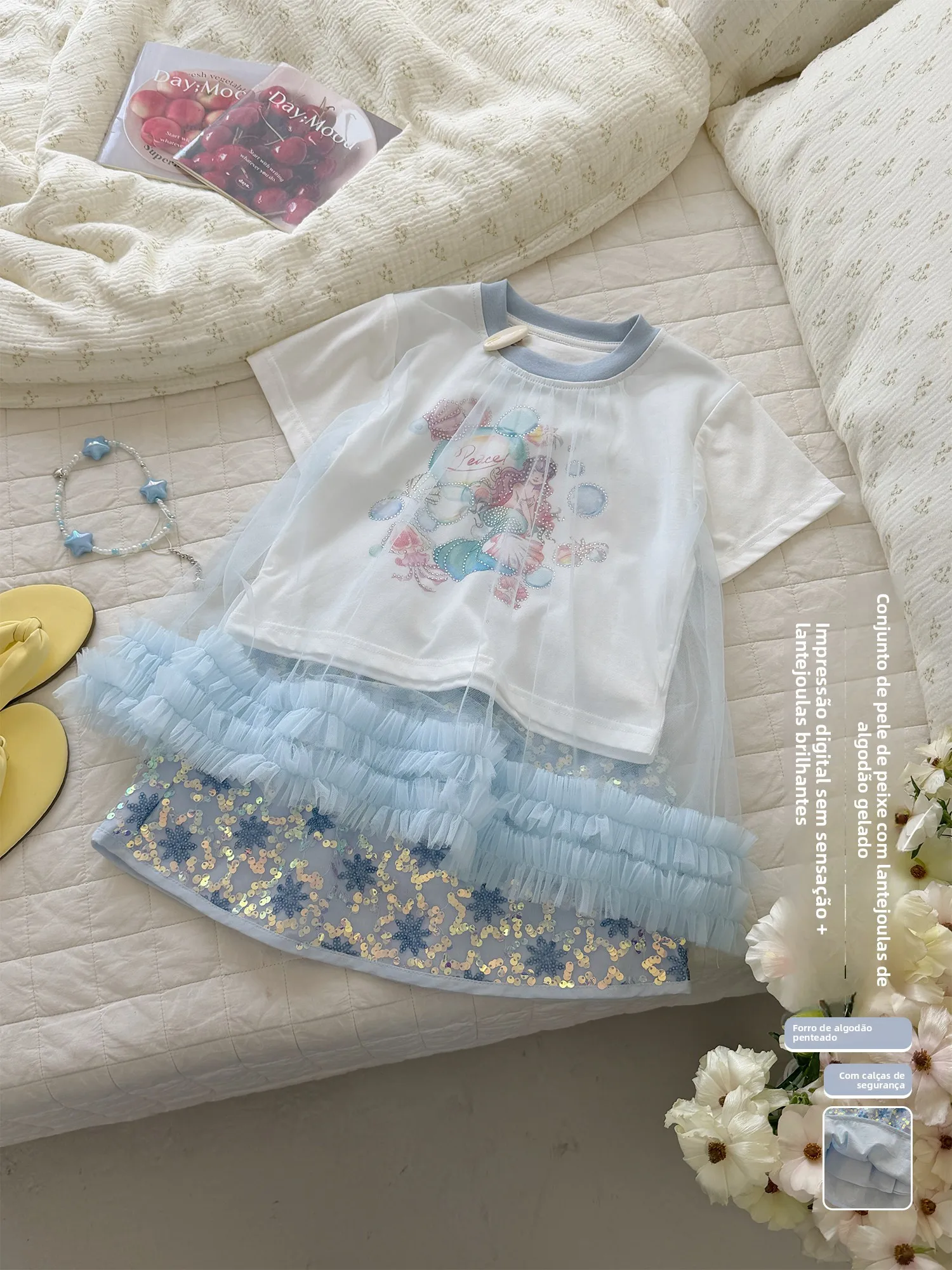 summer-short-sleeve-t-shirt-skirt-set-for-little-girls-glitter-mermaid-half-length-skirt-cute-style-children's-clothing-set