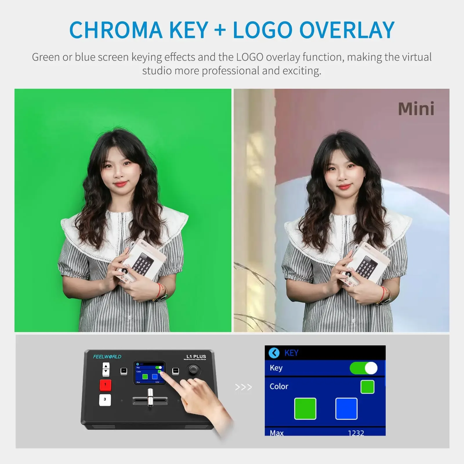 

FEELWORLD L1 PLUS 4xHDMI2.0 Video Switcher USB3.0 Streaming PTZ Control Chroma Key 2" Touchscreen for Multi-Camera Live