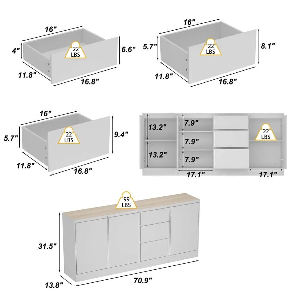 خزانة بوفيه جانبية بيضاء مع 3 أبواب و3 أدراج، 70.9 بوصة. خزانة ذات أدراج لتخزين غرفة النوم