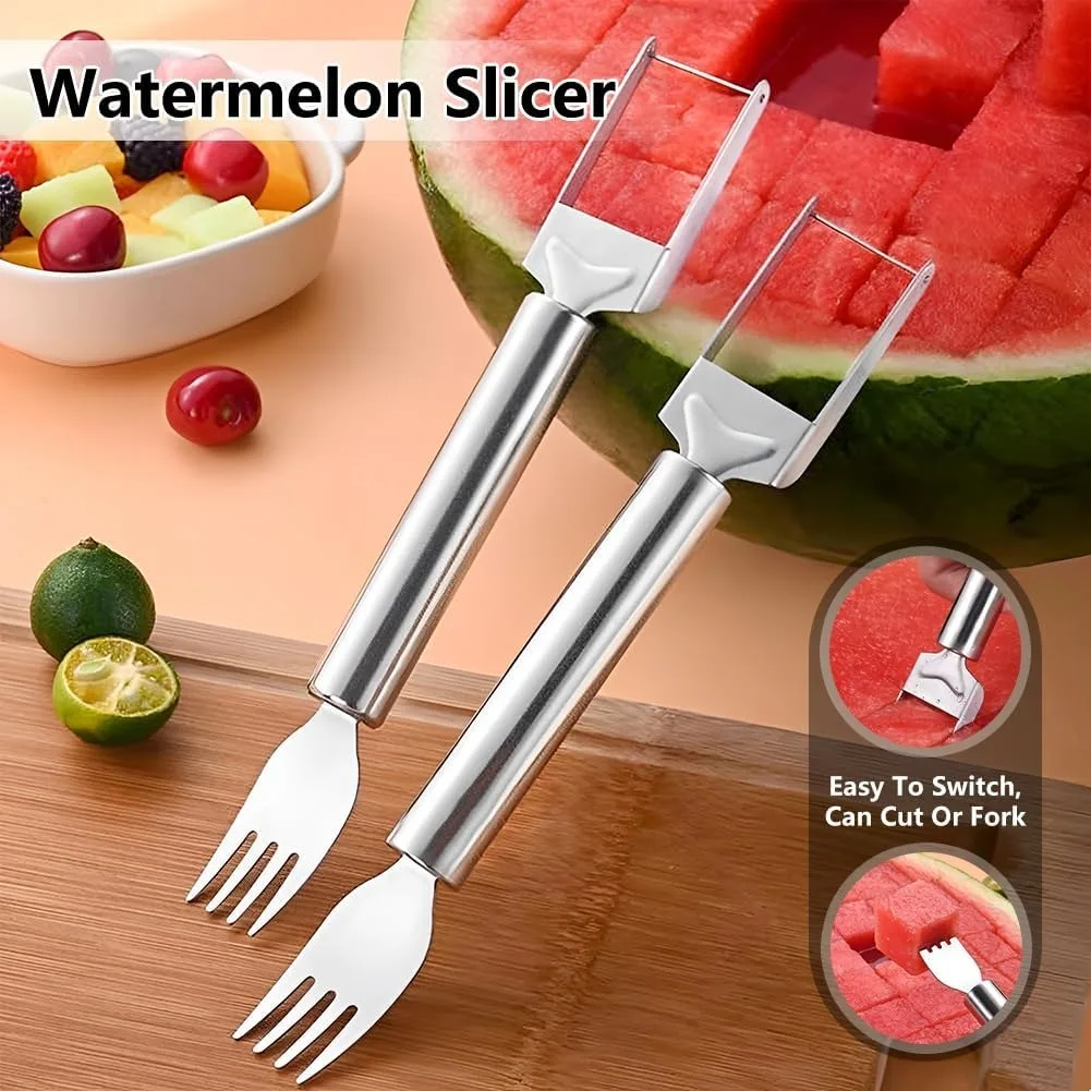 

2-in-1 Stainless Steel Fruit Cutter, Upgraded Watermelon Slicer, Dual Head Fruit Forks for Home, Kitchen, Camping (1PC)