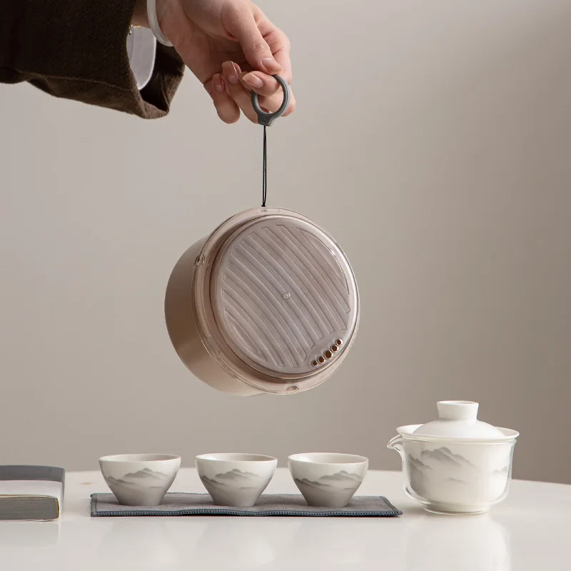 Portable Creative Ceramic Travel Tea Set Outdoor Gaiwan Travel Teapot & 3 Cups Include Storage Pouch Customizable Business Gift