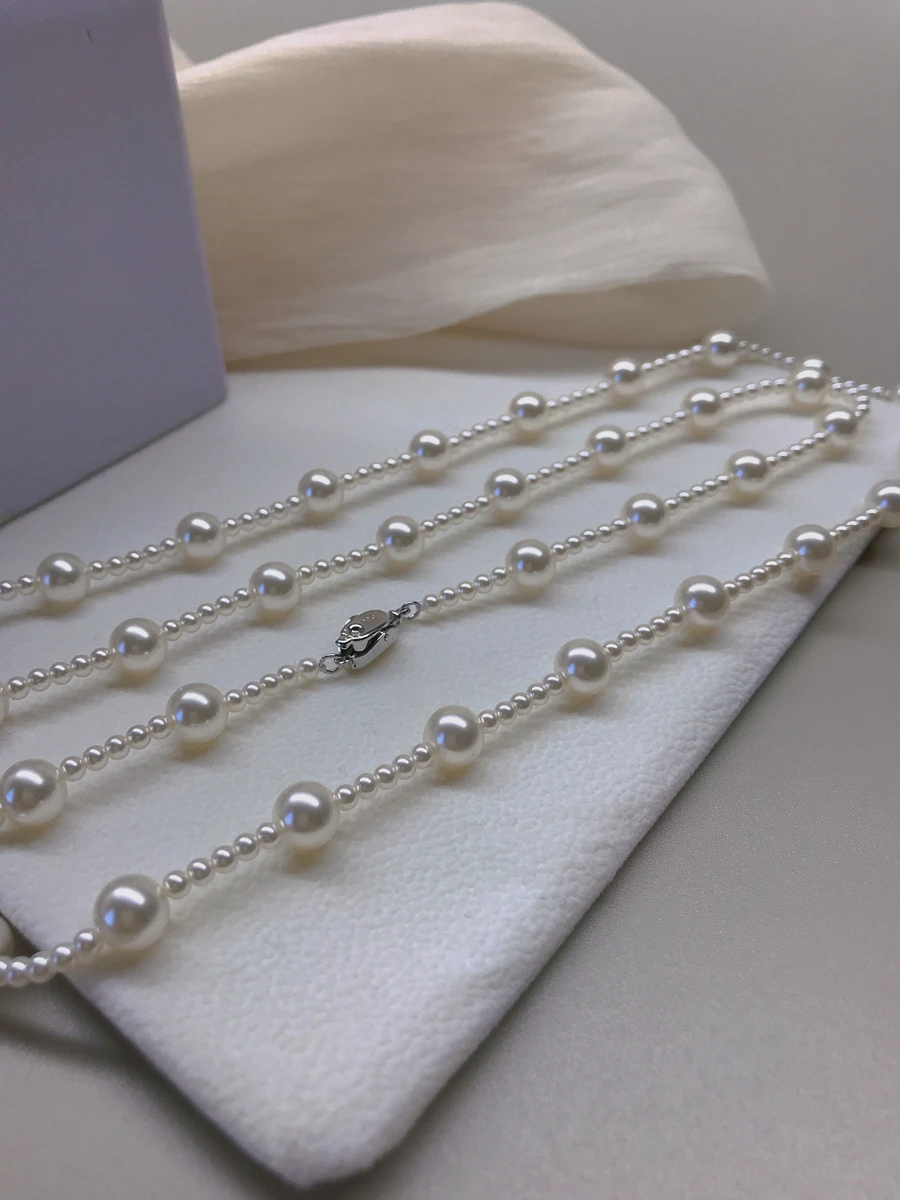 90cm New Design Trendy Exceptional Natural 3-4mm 7-8mm Seawater Real White Big Small Real Pearl Necklace S925