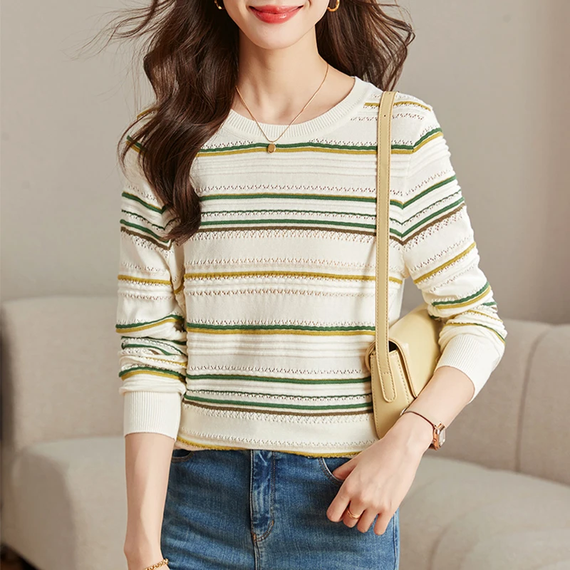 

Sweaters Casual O-Neck Knitted Sweater Women Pullovers New Long Sleeve Striped Knit Sweater Pullover Women Tops Knitwears Q3042