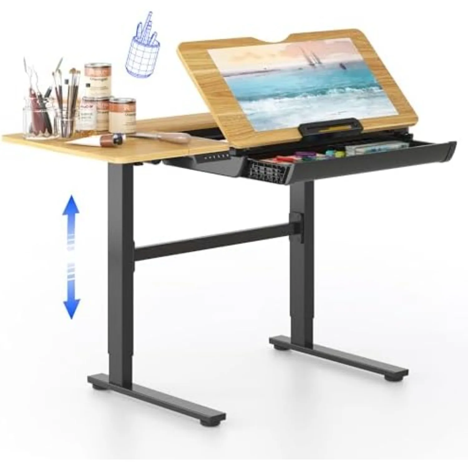 Mesa de Dibujo Eléctrica con Altura Ajustable 47.2"x23.6", Escritorio de Dibujo de Pie con Superficie Extensible, Estación de Trabajo para Manualidades con Inclinación