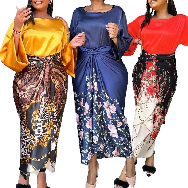 Muslim 2 Pcs Set Boubou Chiffon Colorful O-neck Dress Turkey Long Sleeve Nigerian African Dresses For Women Maxi Novelty Kanga