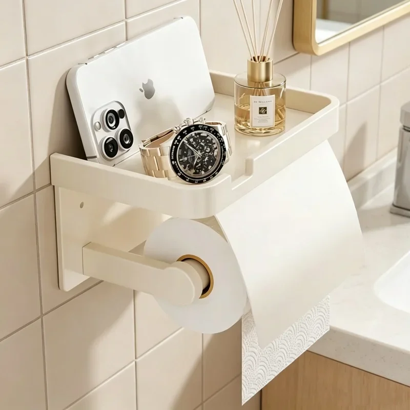 

Cream White Wall Mounted Tissue Box No Punch Design Roll Paper Holder Practical Storage Rack For Home Bathroom Toilet Daily Use
