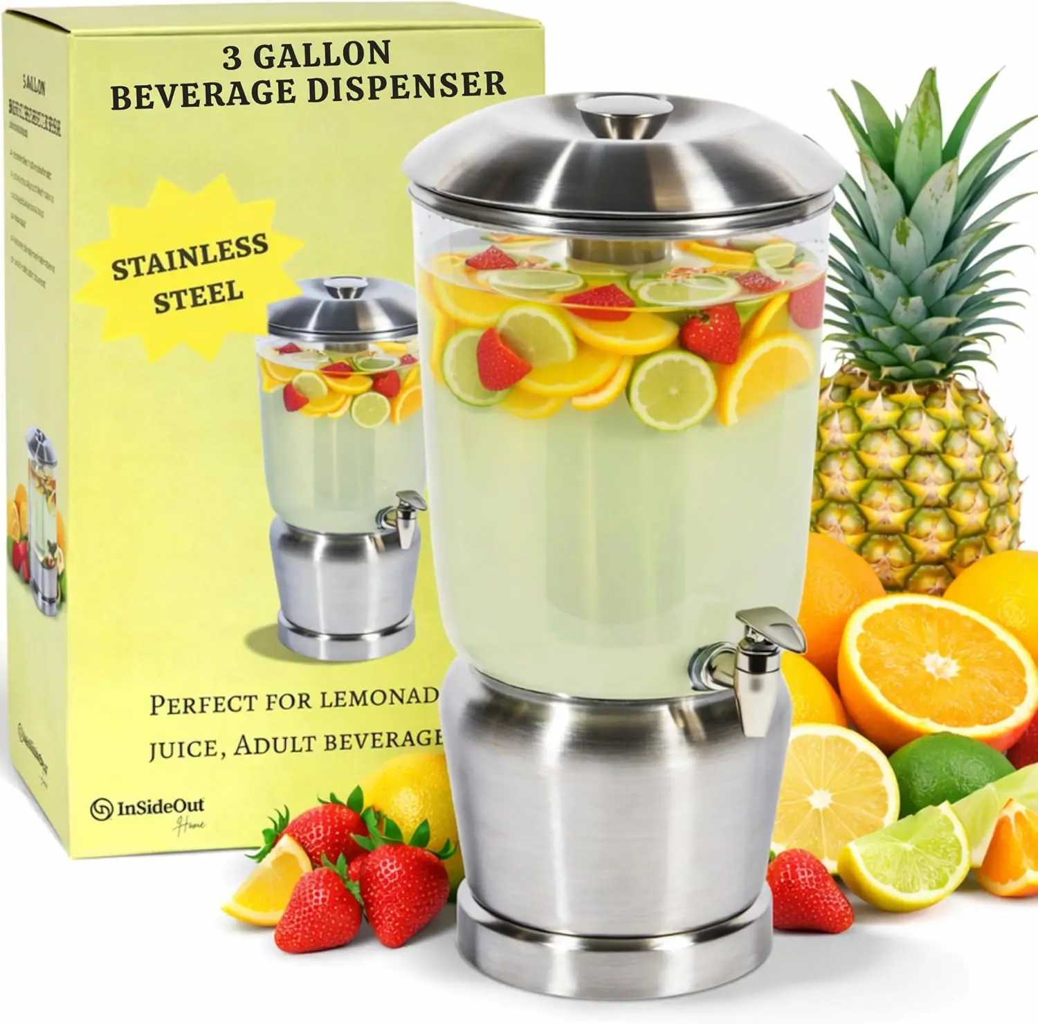 3-Gallon Stainless Steel Beverage Dispenser with Spigot and Ice Chambers, Lemonade Tea Water Jar Jug for Weddings, Home Parties, Gifts and Events, Silver