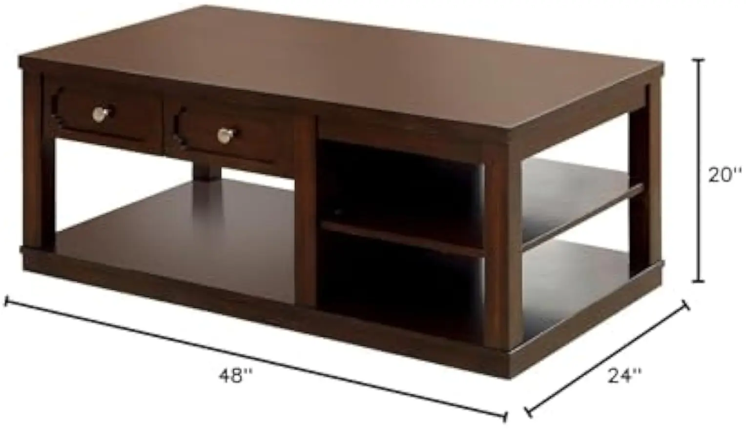 Modern Dark Brown Wood Rectangular Cocktail Living Room Coffee Table and Shelf Drawers