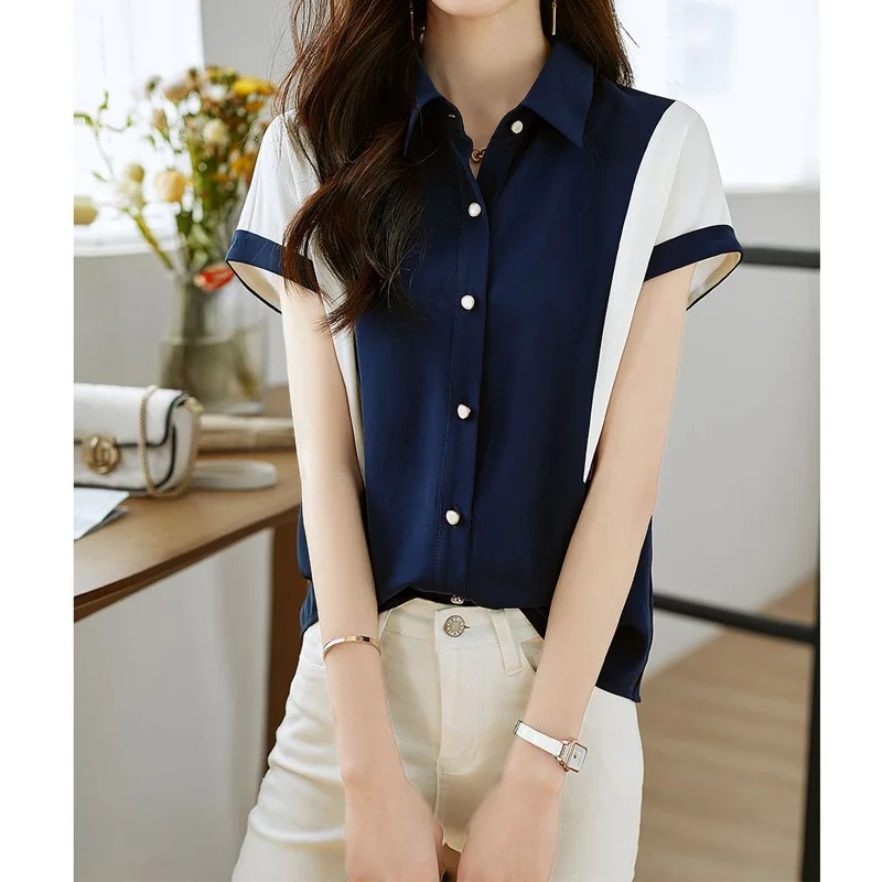 Polo Neck Chiffon Blouse Women\'s Short Sleeve Summer New Patchwork Contrast Loose Office Shirt Tops Fashion Casual Clothing