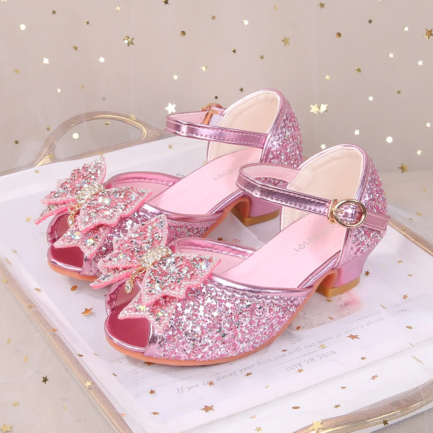 Girls Sequin Peep-Toe Sandals Summer 2026 kid's Pink Rhinestone Kitten Heel Dress Shoes children's Sparkly Princess Pumps