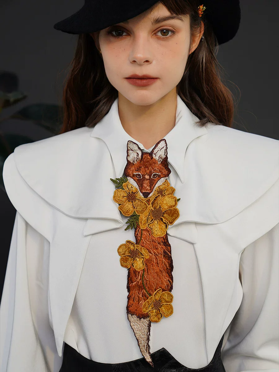 Vintage  Fox Tail And Flowers Embroidery Women's Neck Tie,Shirt Accessory No-knot Tie