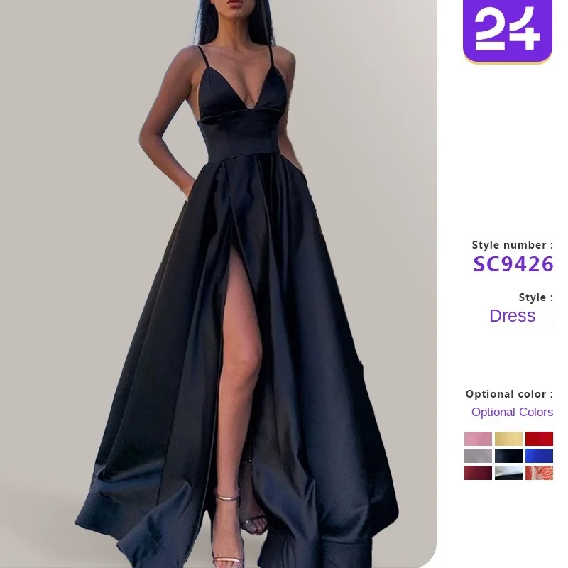

Women Sexy Bodycon Dress 2025 Deep V Neck High Slit Evening Gown Sleeveless Strap Banquet Party S-3XL Multi-Colors​