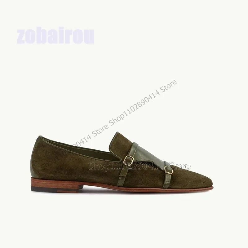 Mocassins Double Monk Patchwork para homens, decoração de fivela, sapatos casuais, banquete de festa artesanal de luxo, moda verde Slip On