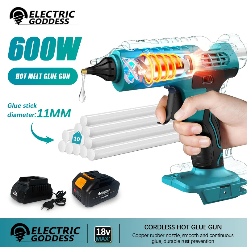 

Electric Goddess 600W Cordless Hot Melt Glue Gun Rechargeable with 10pcs 11mm Glue Sticks DIY Repair Tool For Makita 18V Battery