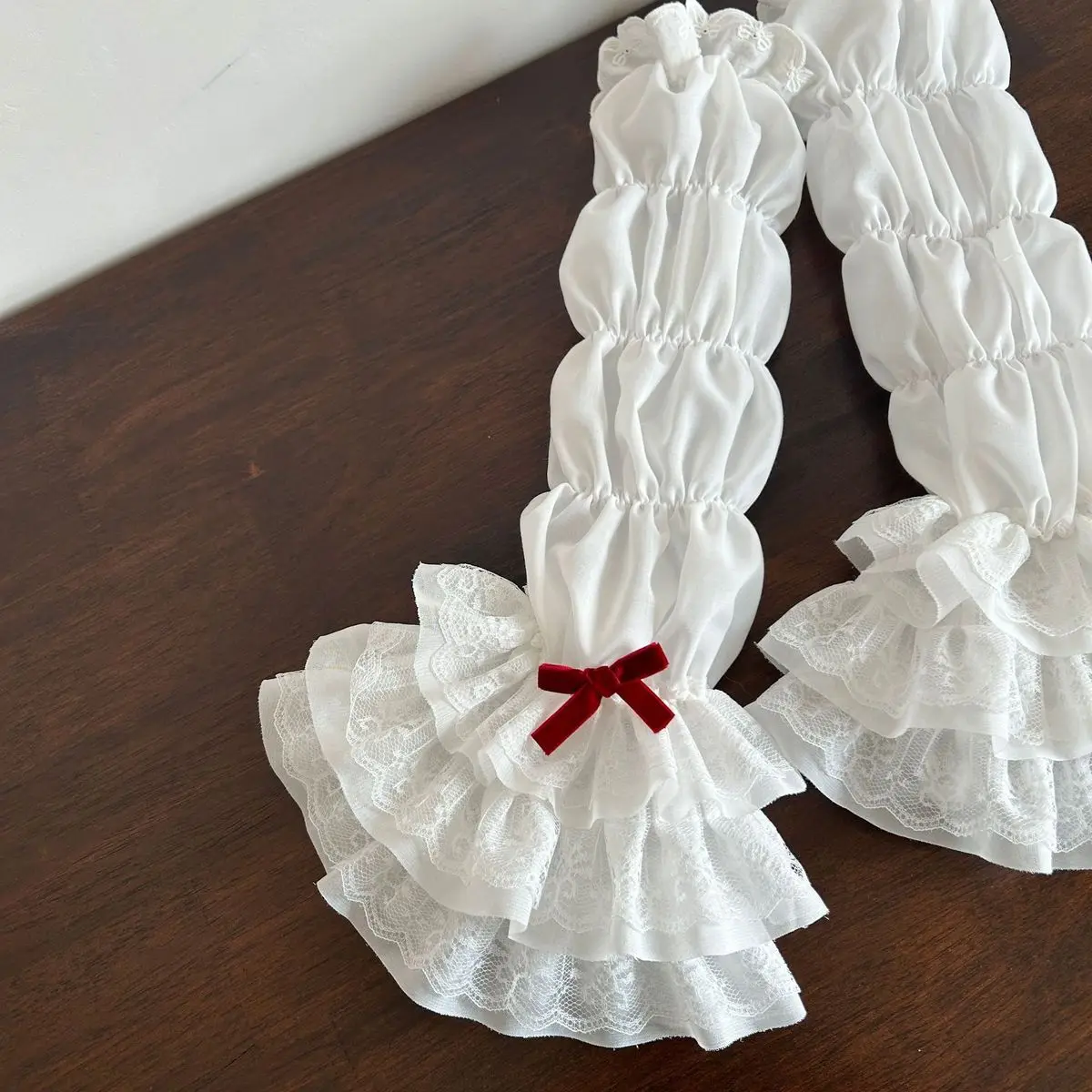 로리타 자외선 차단 팔 토시 - 레이스와 리본 장식이 있는 레이어드 러플 디자인 Y2K 카와이 스타일 슬리브 커버