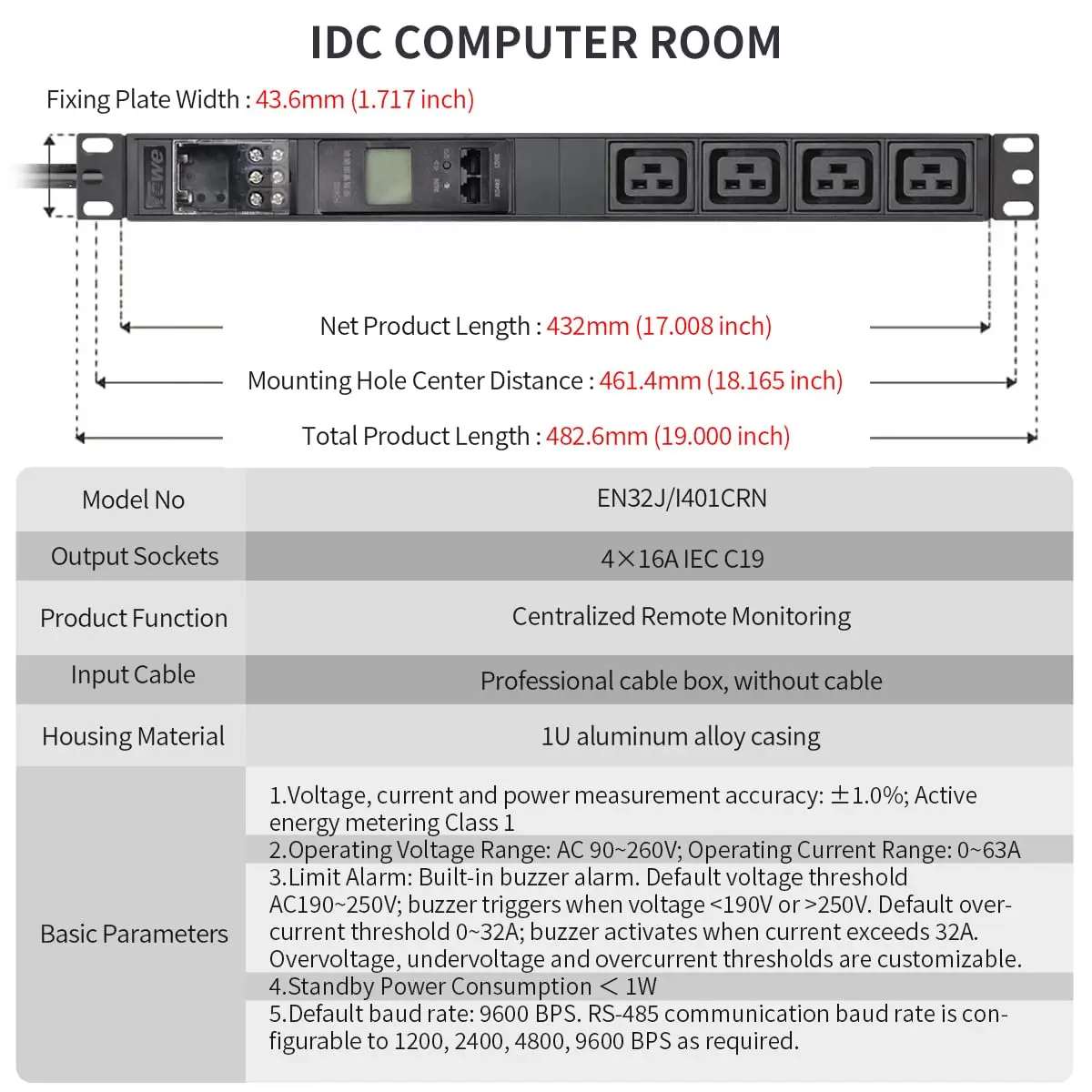 TOWE RS485 Modbus Smart PDU 4 Way 16A IEC C19 1U Rackmount 19 Inch Power Distribution Unit LCD Metered for Server Rack IDC