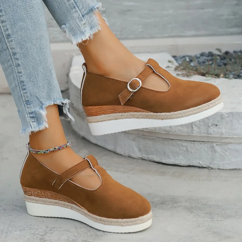 New Shallow Mouth Women's Solid Color Wedge Casual Sports Shoes Autumn Thick Sole Buckle Walking Shoes Versatile Women's Shoes image 5