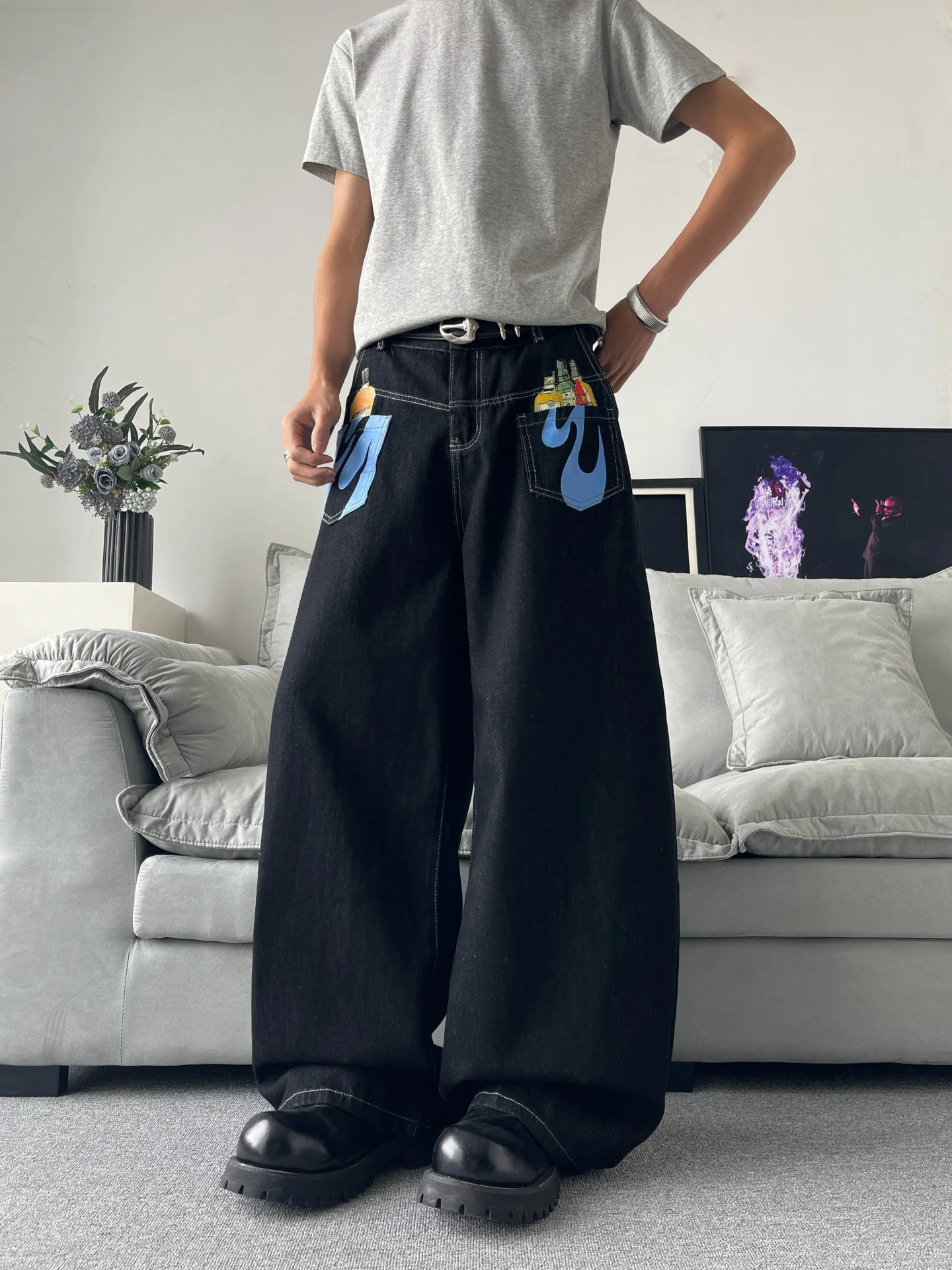 

American Retro Print Wide Leg Men's Jeans Loose Fit Counterintuitive Design Slimming Effectiveness Casual Straight Tube Pants