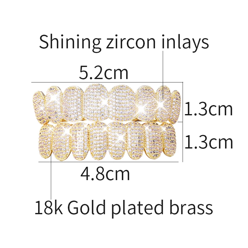 Pffee Hip Hop Teeth Grillz Rhinestones Iced Out Silver 18K Gold Plated Tooth Shackle Rapper Jewelry Grills For Men Women