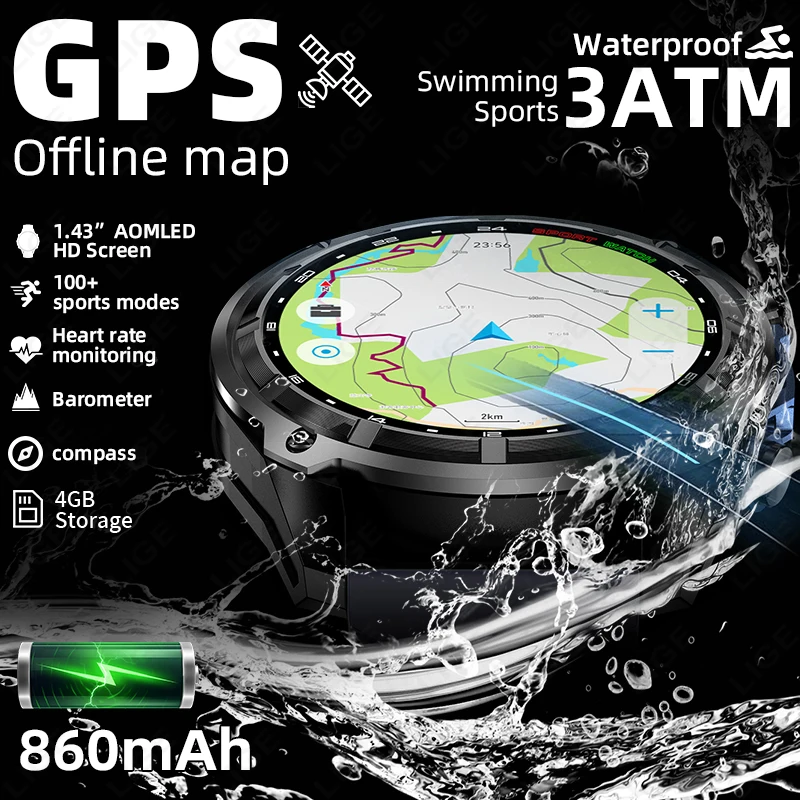 LIGE 2026 Military Offline Map 860mAh Battery Smart Watch Swim Sport Tracker GPS Navigation 4GB Memory MP3/MP4 Player Smartwatch