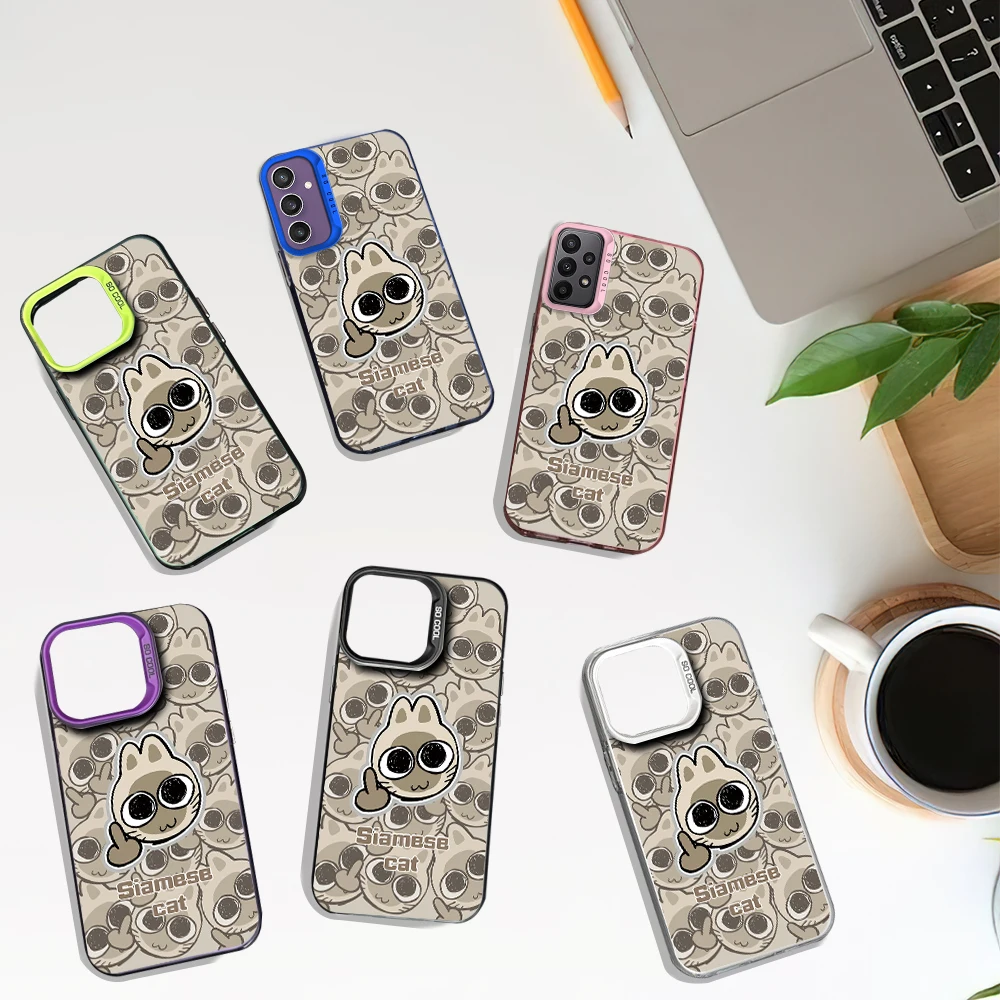 Funny Cute Siamese Cat Laser Phone Case for Samsung S24 23 22 ULTRA A25 33 32 34 S PLUS IMD Shockproof Silicone Coque