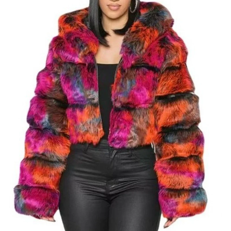 Red Raccoon Fur Coat Winter Furry Cropped Faux Fur Coats and Jackets Women Fluffy Top Coat Hooded Zip Short Fur Jacket Fashion