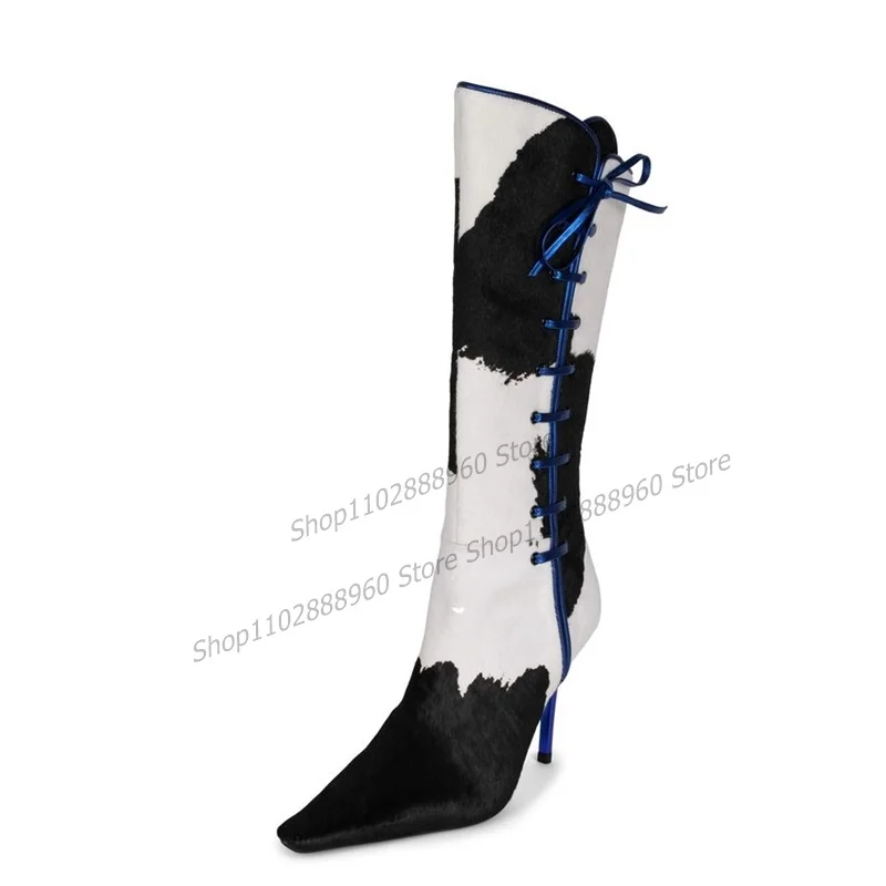 Cross-Tied Mixed Color Big Size Boots Mid Calf Stilettos High Heel Women Shoes Pointed Toe 2023 Fashionable Zapatos Para Mujere