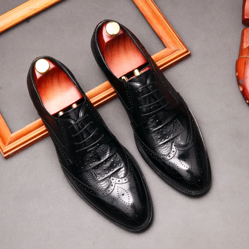 

Luxury Men Genuine Leather Shoes Lace Up Pointed Toe Black Brown Brogues oxford Mens Dress Shoes Wedding Office Formal Shoes Men