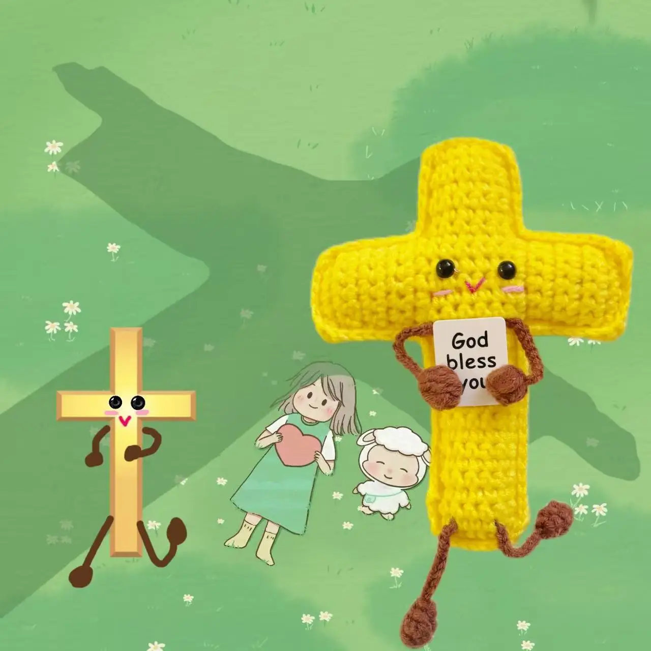 Boneka Salib Yesus Rajutan Lucu untuk Penenang Emosi dengan Kartu Ornamen, Boneka Salib Rajutan Buatan Tangan dengan Energi Positif, Hadiah Natal