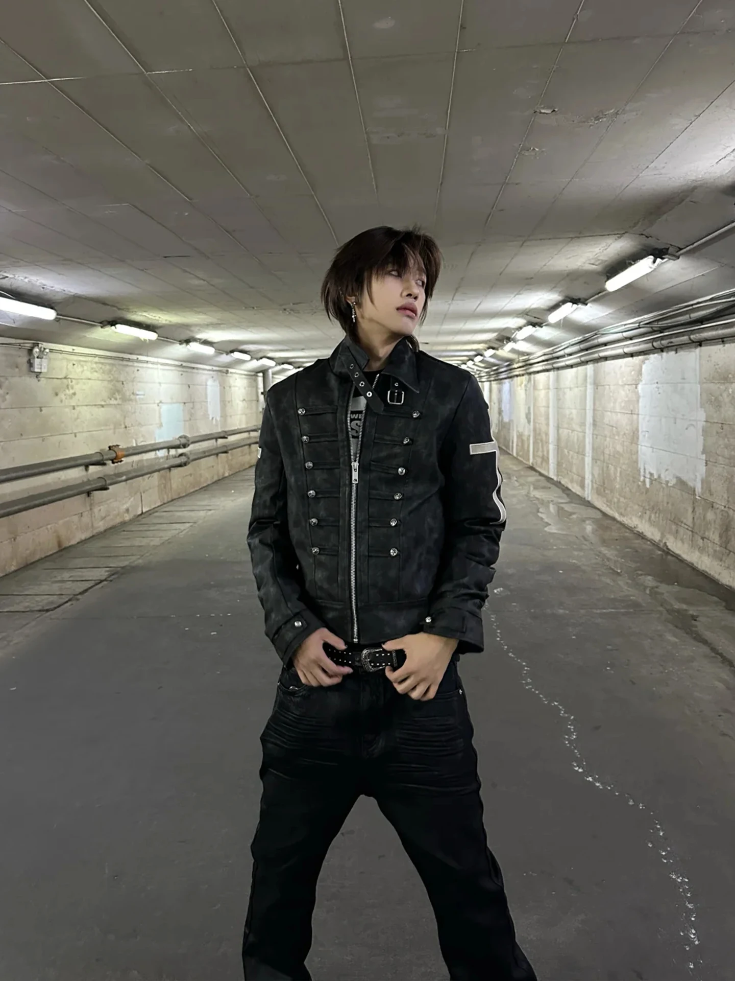 Black Short Slim Fit Leather Jacket for Men Cross Visual Punk Style Spring Shoulder Length Zipper Closure Waterproof PU Leather