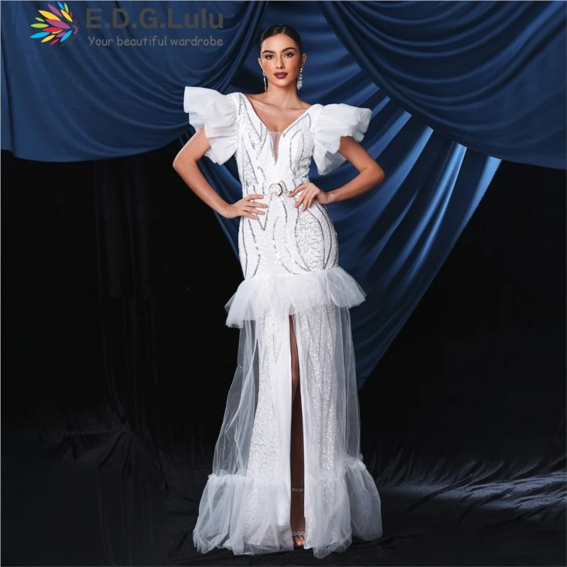 

EDGLuLu V-Neck Puff Sleeve Birthday Dresses Luxury 2024 White Printed Glitter Patchwork Mesh Party Long Mermaid Dresses 0716