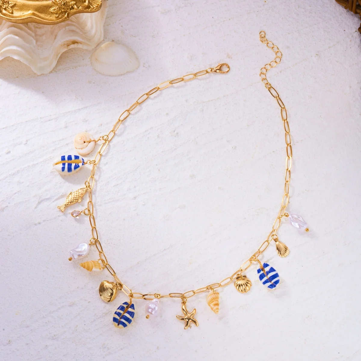 Sommerurlaub Muschel Seestern Conch Fisch Schildkröte Korallen Anhänger Halskette für Damen Herren Imitationsperlen Choker Ozean Strand Schmuck – Detail 15