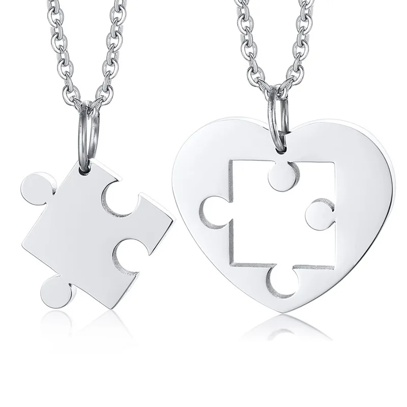 2PCS/Set Stainless Steel Puzzle Heart Shape Couple Necklace Hip Hop Punk Love Stitching Collar for Women Friendship Jewelry